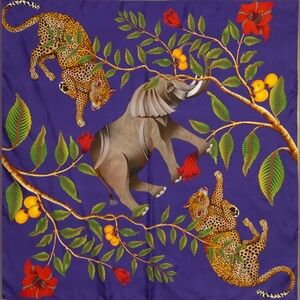 African Design Large, Purple & black silk scarf with elephant, leopards flowers